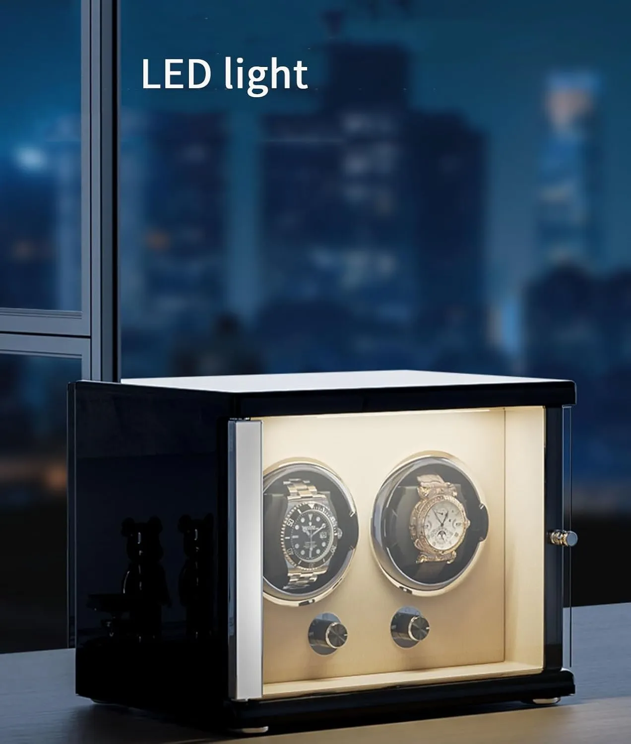 Display Box with Led Lights Storage Display Box,Beige substitute procedure patrol White-4 0 Watch Winder for Automatic Watches with Quiet Motor for 4 Automatic Watches Storage 