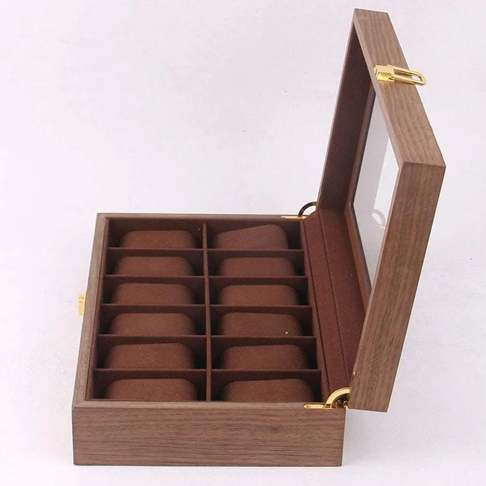 Display Case siliceous Jewelry Storage Organizer with 12 Removable Soft Cushions Watch Storage Display Case with Compartments for Men Women Wooden Watch Box Clear Glass Top Wood Watches 