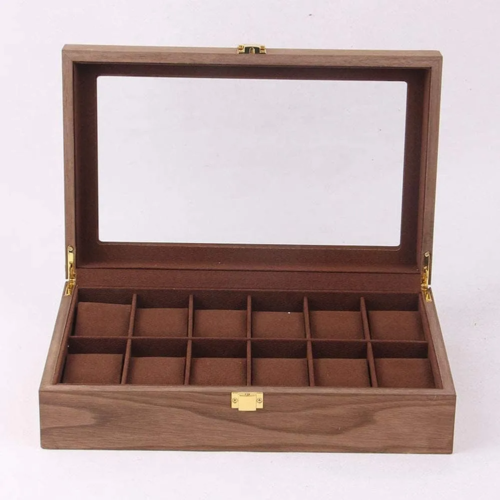 Display Case siliceous Jewelry Storage Organizer with 12 Removable Soft Cushions Watch Storage Display Case with Compartments for Men Women Wooden Watch Box Clear Glass Top Wood Watches 