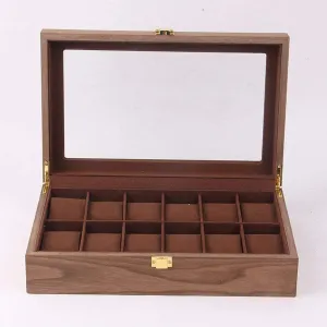 Display Case siliceous Jewelry Storage Organizer with 12 Removable Soft Cushions Watch Storage Display Case with Compartments for Men Women Wooden Watch Box Clear Glass Top Wood Watches 