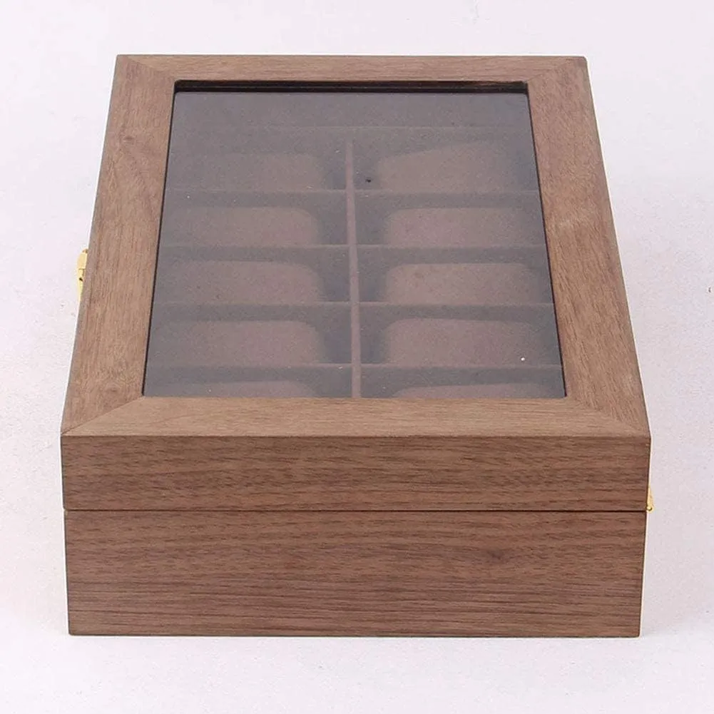 Display Case siliceous Jewelry Storage Organizer with 12 Removable Soft Cushions Watch Storage Display Case with Compartments for Men Women Wooden Watch Box Clear Glass Top Wood Watches 