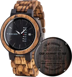 Display Men's Zebra Wooden Quartz Watch Lightweight Handmade Casual Wristwatches calm educable with Gift Box BOBO BIRD Week and Date Multi-Functional 