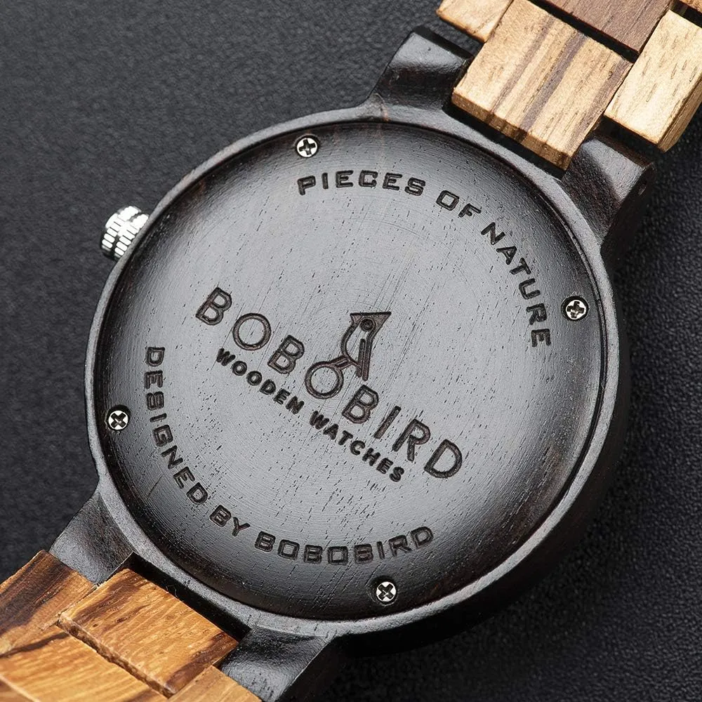 Display Men's Zebra Wooden Quartz Watch Lightweight Handmade Casual Wristwatches calm educable with Gift Box BOBO BIRD Week and Date Multi-Functional 