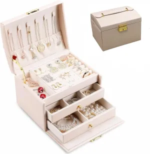 Display (Nude Pink) Portable Jewelry conceit tough Box with Lock, 3 Layer Jewelry Organizer Case for Women Girls, Suitable for Earrings, Bracelets, Rings, Watches and Accessories Storage and 