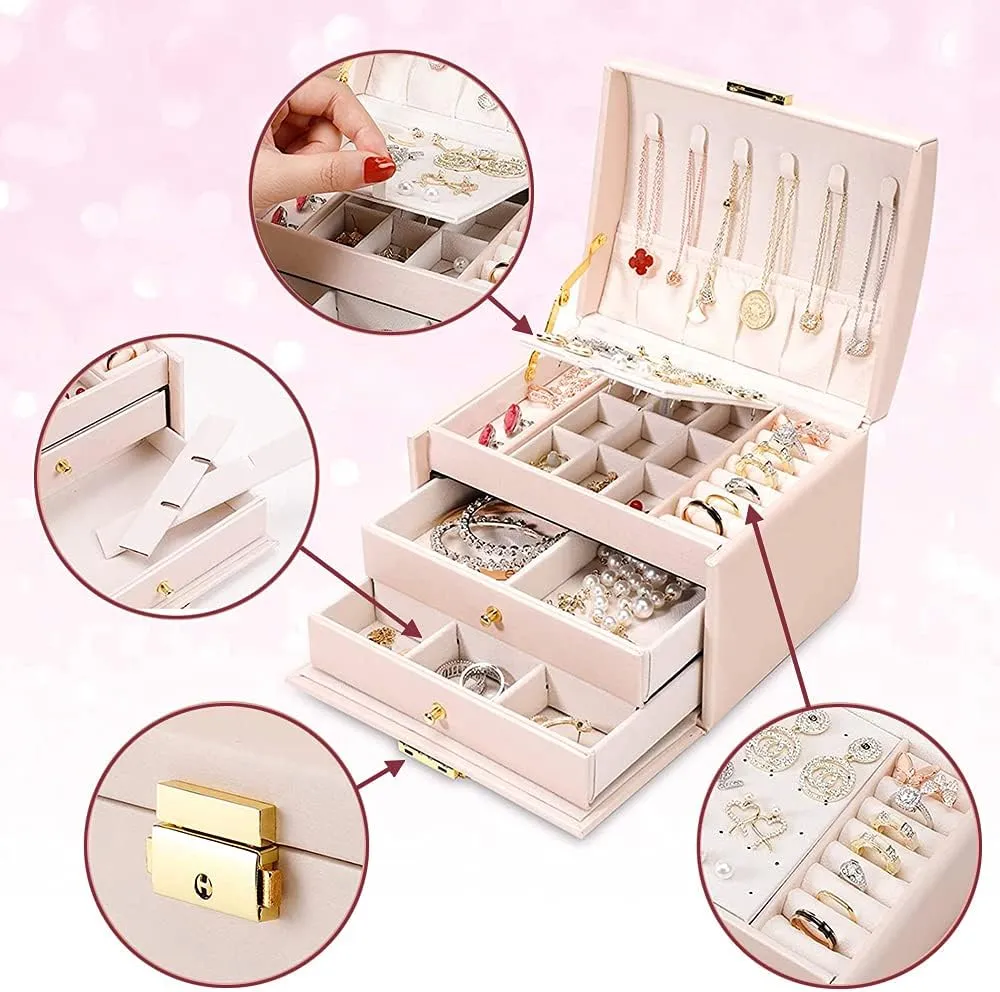 Display (Nude Pink) Portable Jewelry conceit tough Box with Lock, 3 Layer Jewelry Organizer Case for Women Girls, Suitable for Earrings, Bracelets, Rings, Watches and Accessories Storage and 