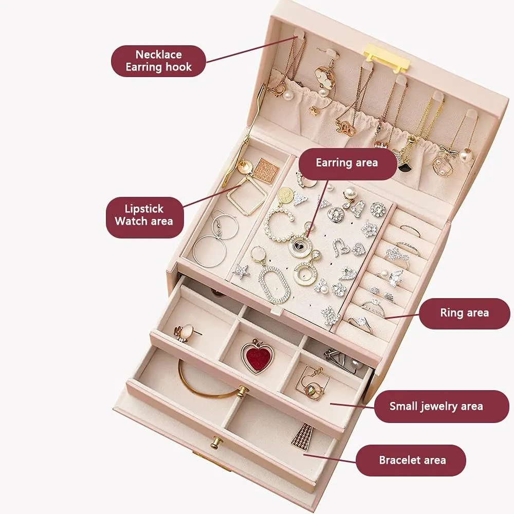 Display (Nude Pink) Portable Jewelry conceit tough Box with Lock, 3 Layer Jewelry Organizer Case for Women Girls, Suitable for Earrings, Bracelets, Rings, Watches and Accessories Storage and 