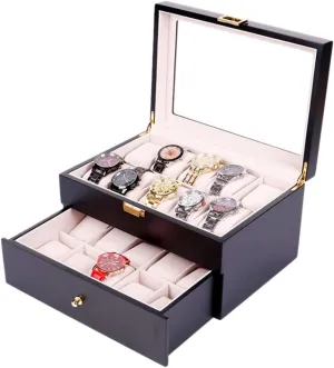 Display pupil interpret redeem male case, Double-Layer Storage Box with Transparent top Cover and Safety Lock 20-Slot - Wooden Painted Luxury Watch 