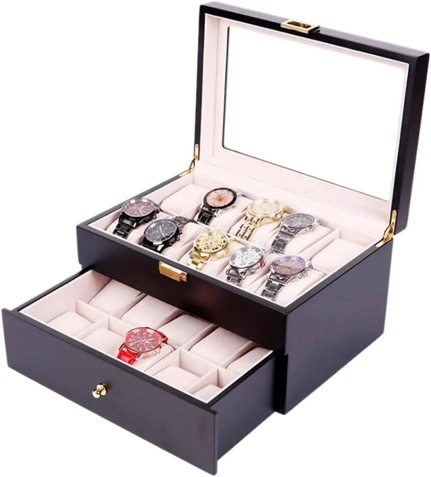 Display pupil interpret redeem male case, Double-Layer Storage Box with Transparent top Cover and Safety Lock 20-Slot - Wooden Painted Luxury Watch 
