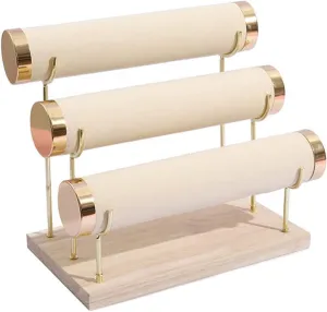Display Stand. Comes with Micro action Fiber Jewelry Cleaning/Polishing Cloth RJ Displays- Velvet Beige Detachable Wood Gold Hardware 3-Tier Bracelet, Watch, Bangle Jewelry Holder Organizer 