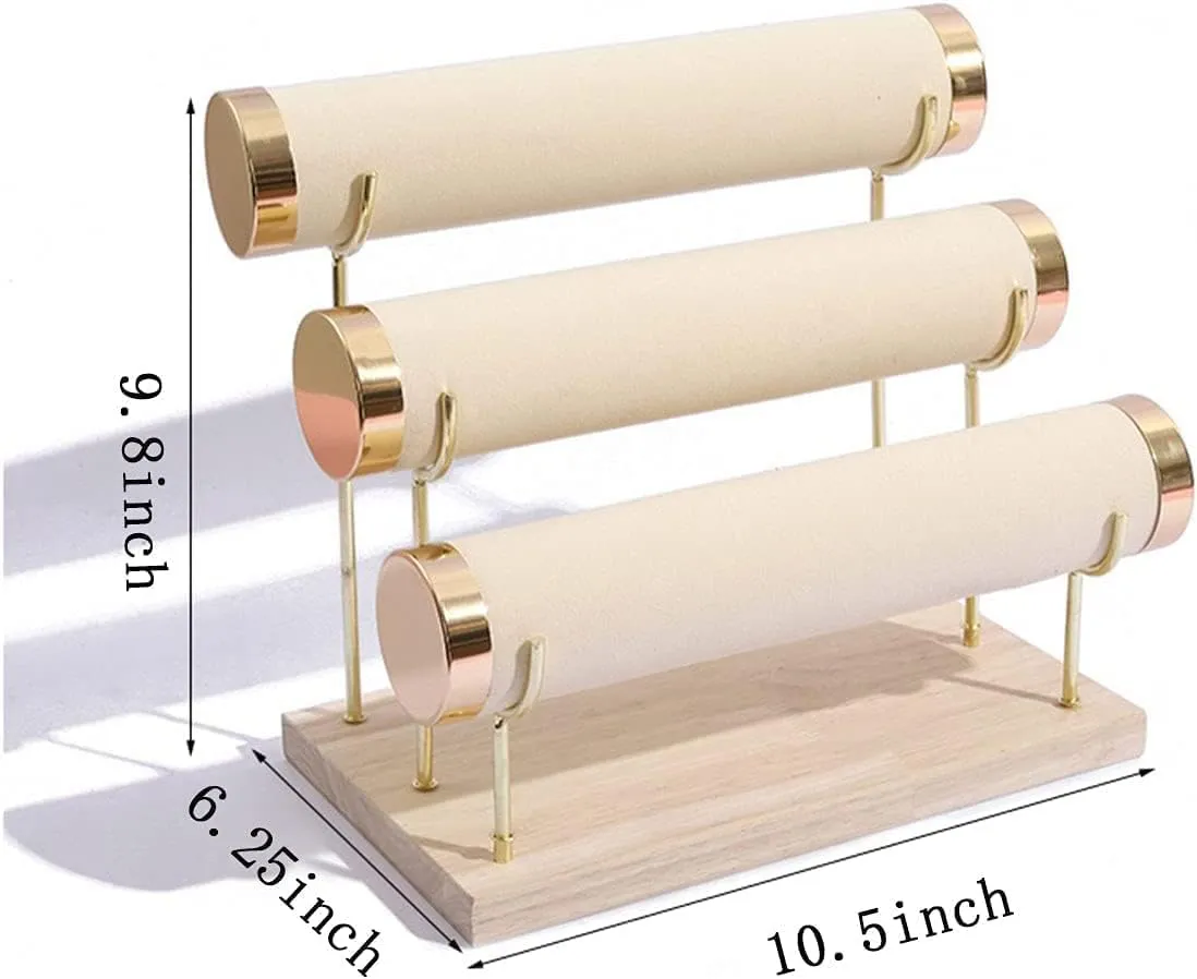 Display Stand. Comes with Micro action Fiber Jewelry Cleaning/Polishing Cloth RJ Displays- Velvet Beige Detachable Wood Gold Hardware 3-Tier Bracelet, Watch, Bangle Jewelry Holder Organizer 