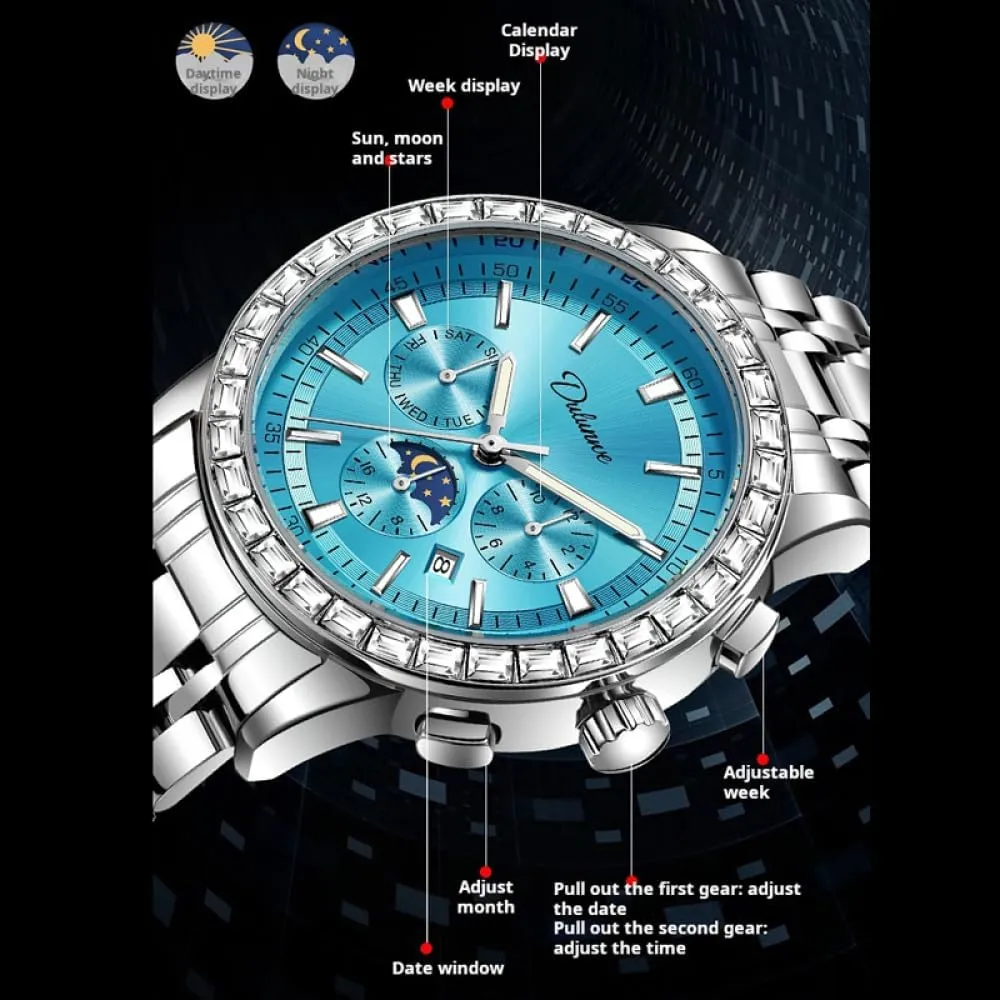 Display Watches Men's Fashion Gemstone Bezel Automatic Mechanical Watch Moon Phase Stainless Steel Luxury enjoyment autonomy Wristwatch Waterproof Luminous Week Calendar 