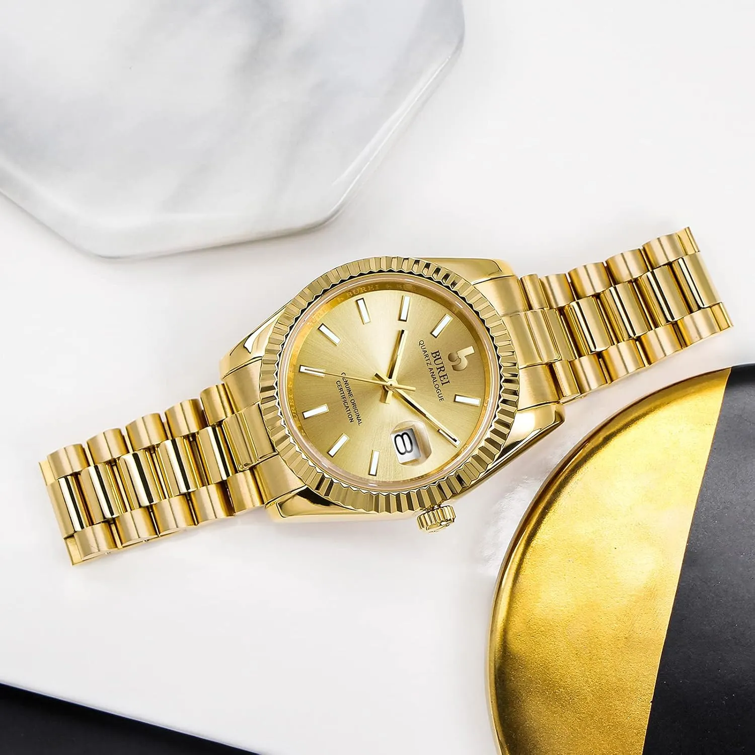 Display,Gift for journeyman grain Men BUREI Mens Watches Luxury Stainless Steel Analog Quartz Waterproof Wristwatch Sapphire Crystal Dial with Calendar 