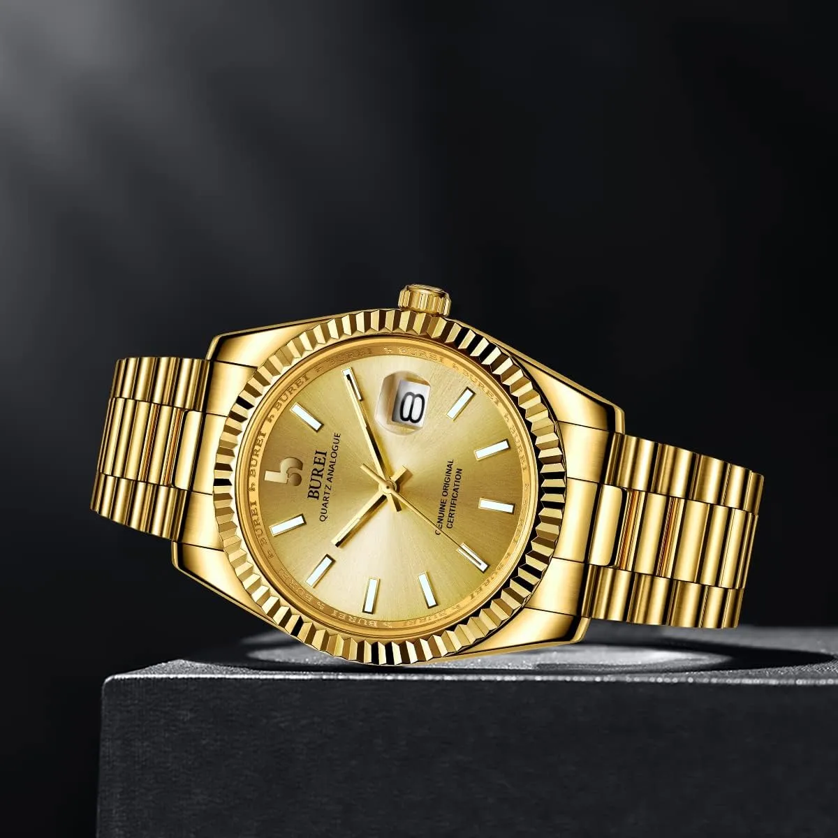Display,Gift for journeyman grain Men BUREI Mens Watches Luxury Stainless Steel Analog Quartz Waterproof Wristwatch Sapphire Crystal Dial with Calendar 