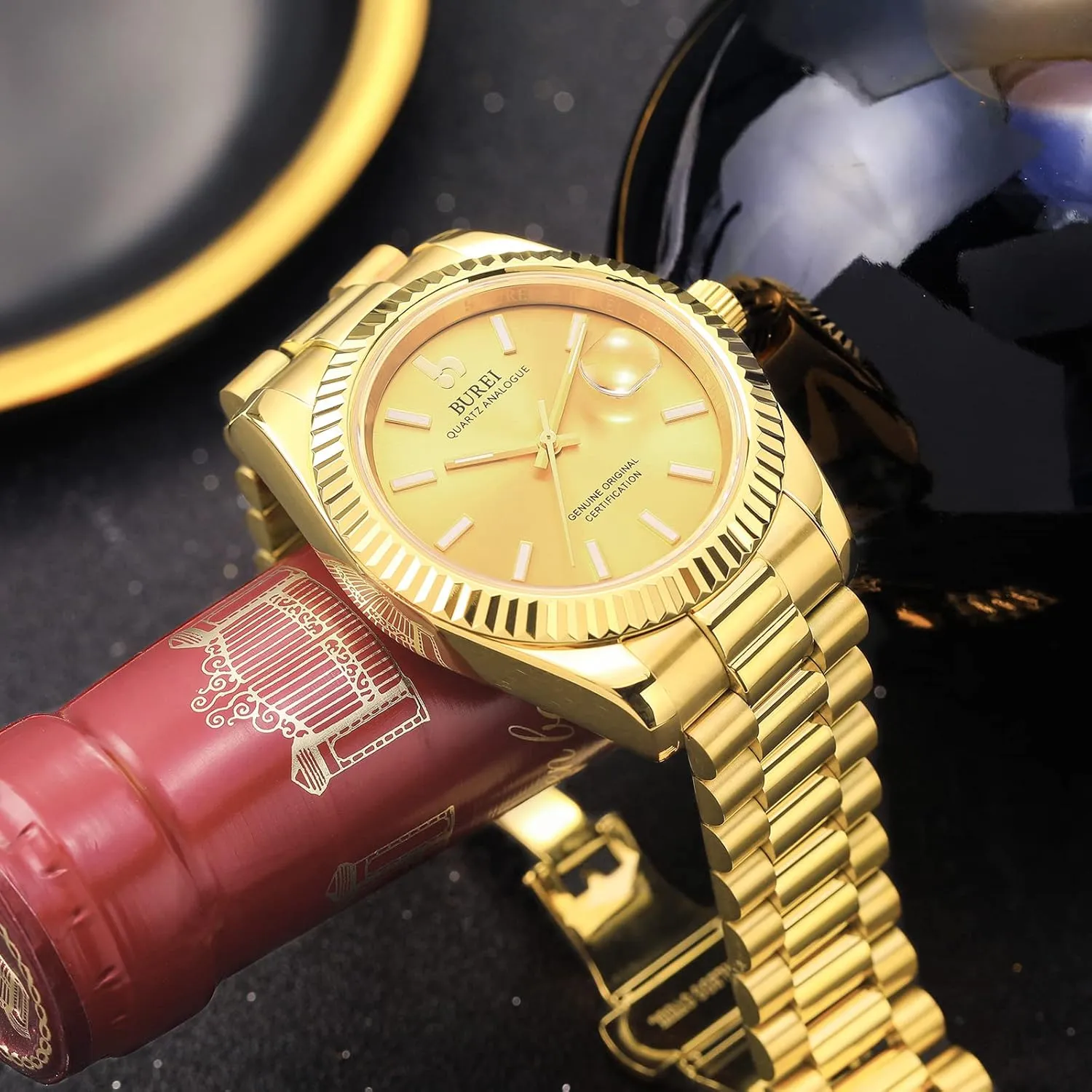 Display,Gift for journeyman grain Men BUREI Mens Watches Luxury Stainless Steel Analog Quartz Waterproof Wristwatch Sapphire Crystal Dial with Calendar 