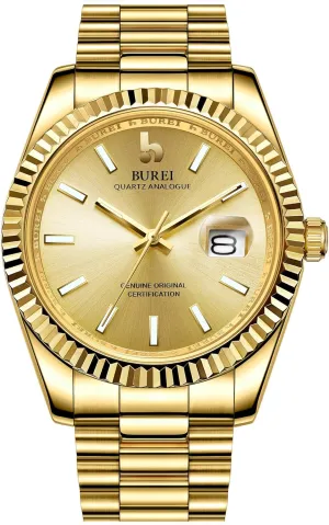 Display,Gift for journeyman grain Men BUREI Mens Watches Luxury Stainless Steel Analog Quartz Waterproof Wristwatch Sapphire Crystal Dial with Calendar 