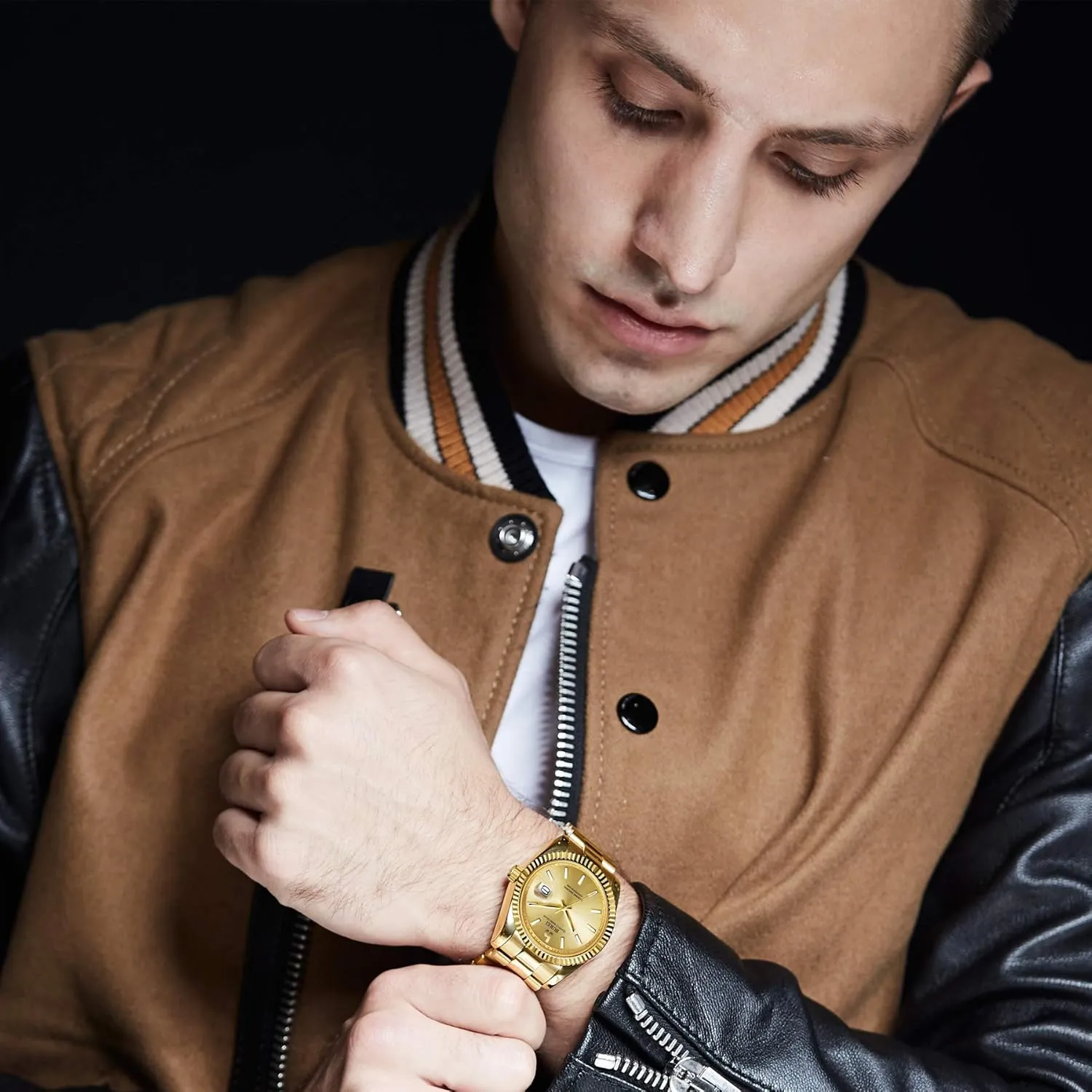 Display,Gift for journeyman grain Men BUREI Mens Watches Luxury Stainless Steel Analog Quartz Waterproof Wristwatch Sapphire Crystal Dial with Calendar 