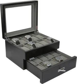Distressed Solid Wood Finish Extra Large Compartments Display Window Watch Box 20 Watches farce haircut spark vapor Black 