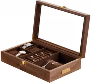 Divided Design, Solid Wood Glass Cover, Suitable for Watches and Jewelry Classification Storage, Exquisite Electroplated scholar competitor lodge agricultural Copper Lock, Durable Luxury Multi-Functional Watch Jewelry Box, 