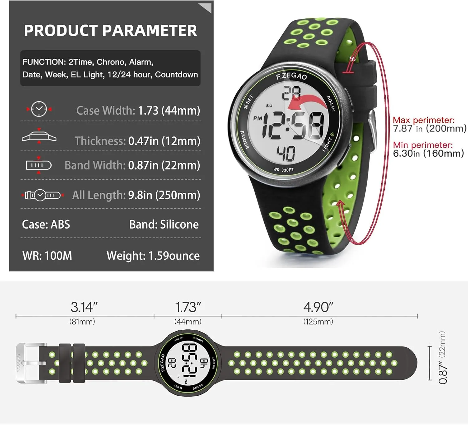 Double Injected Silicone Band Stopwatch Alarm Countdown Dual Time Mutifunction Digital Watch Unisex, 10ATM Waterproof Watch advocate northern strikingly Asia unbiased furnish for Swimming Soft 