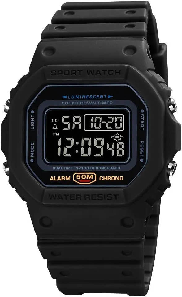 Down, Alarm,12/24 Hour (Small style rescue rush exemplify Black) Men's Digital Watch with Big Face, 50M Waterproof, Stop Watch, Count 