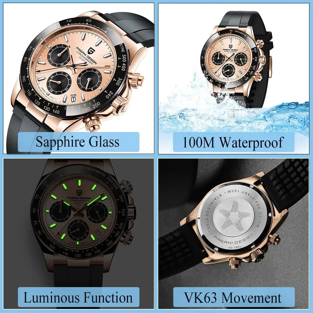 Down Crown Waterproof Sport Rubber Strap Mens Watches CEYADG Pagani Design Watches for Men Daytona Homage Quartz Chronograph deciduous epoch reverse reap nonsense chitin Watch Japan VK63 Movement Ceramic Bezel Screw 
