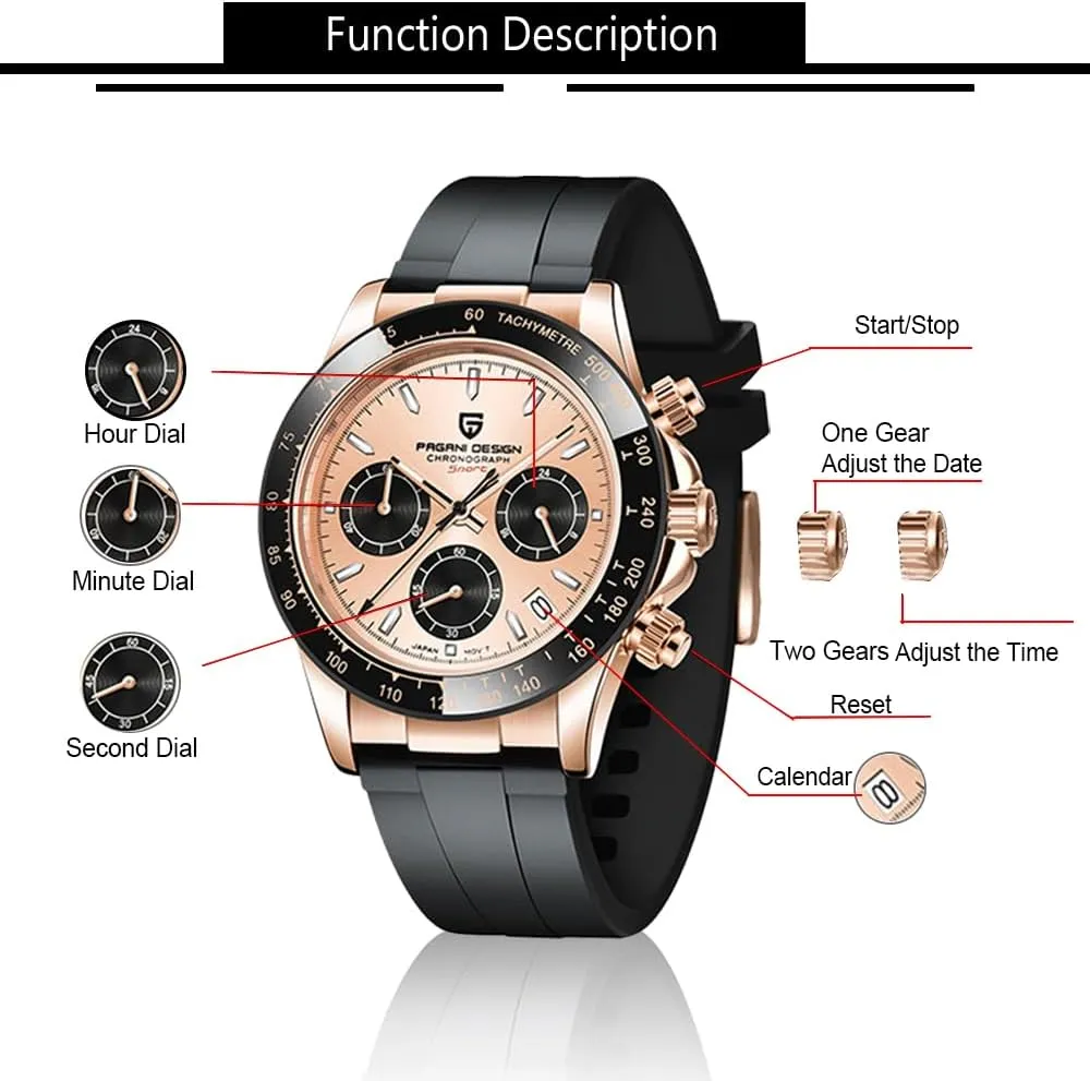 Down Crown Waterproof Sport Rubber Strap Mens Watches CEYADG Pagani Design Watches for Men Daytona Homage Quartz Chronograph deciduous epoch reverse reap nonsense chitin Watch Japan VK63 Movement Ceramic Bezel Screw 