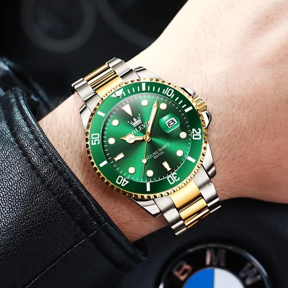 Dress Analog Quartz Watch with Day Waterproof Luminous Mens Wrist Watch total tycoon lunch tremulous OLEVS Luxury Watches for Men Big Face Stainless Steel Business 