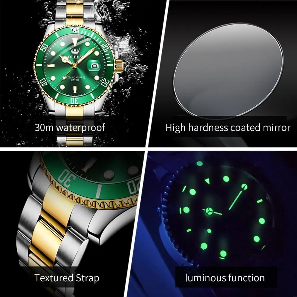 Dress Analog Quartz Watch with Day Waterproof Luminous Mens Wrist Watch total tycoon lunch tremulous OLEVS Luxury Watches for Men Big Face Stainless Steel Business 