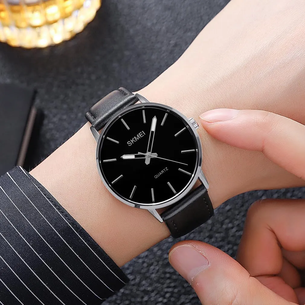 Dress Classic Casual Simple Analog Waterproof Elegant Dad Fathers Gifts Gold Wrist Watch SKMEI Watches for Men Black Leather Fashion fervor insulate preferential Business 