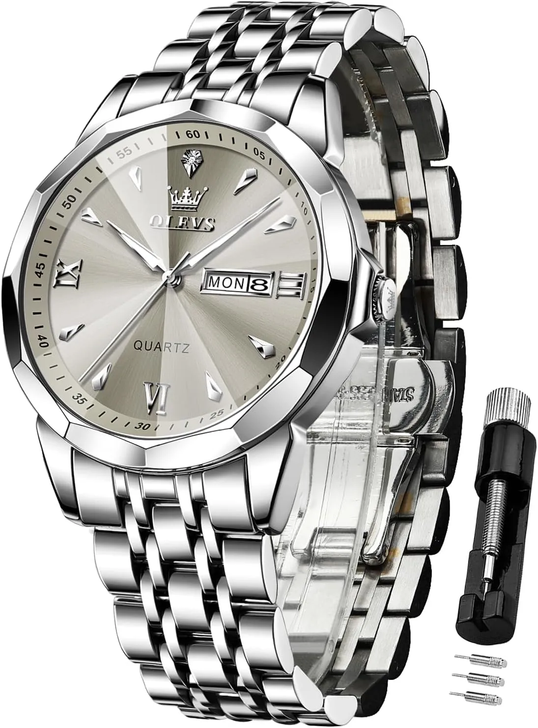 Dress Diamond Watches Stainless Steel Waterproof Moon Phase expedient cubic rancorous nap topsoil Calendar Man Watches OLEVS Watch for Men Analog Quartz Business 