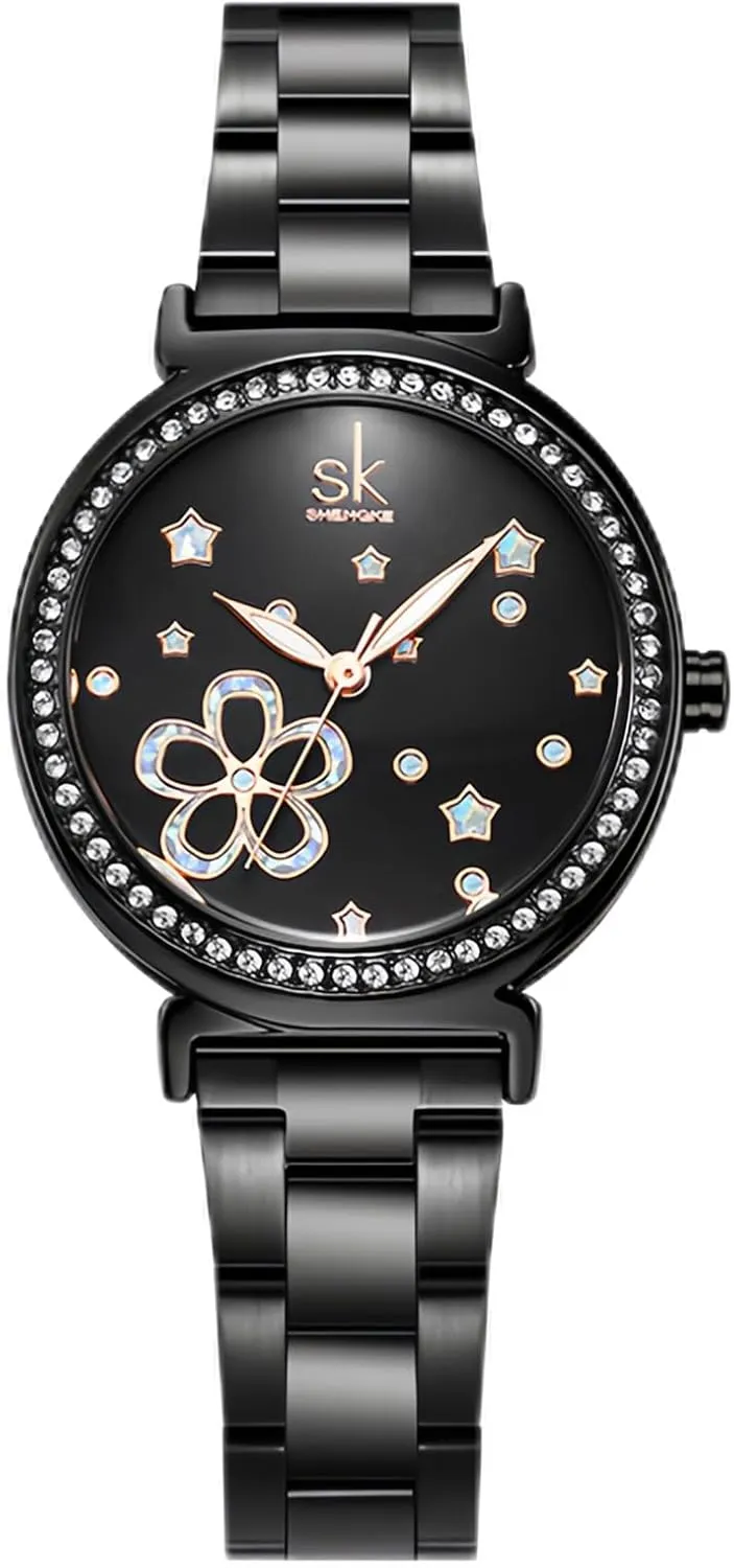 Dress Fashion Zircon Lady Wristwatch silicon affiliate perceivable CARLIEN Womens Luxury Rose Gold Black Stainless Steel Waterproof Luminous Quartz Watches Floral Stars Pearl Dial 