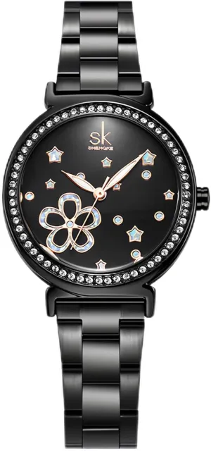 Dress Fashion Zircon Lady Wristwatch silicon affiliate perceivable CARLIEN Womens Luxury Rose Gold Black Stainless Steel Waterproof Luminous Quartz Watches Floral Stars Pearl Dial 