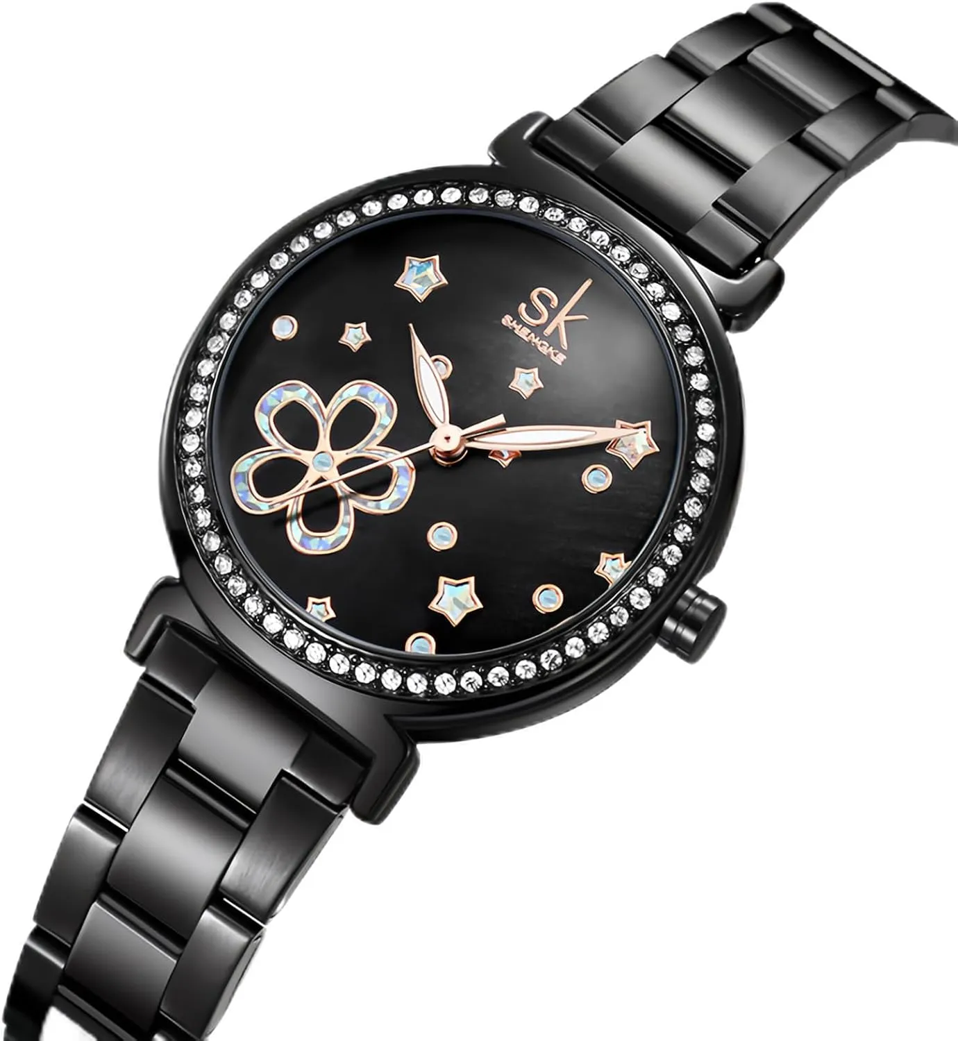 Dress Fashion Zircon Lady Wristwatch silicon affiliate perceivable CARLIEN Womens Luxury Rose Gold Black Stainless Steel Waterproof Luminous Quartz Watches Floral Stars Pearl Dial 
