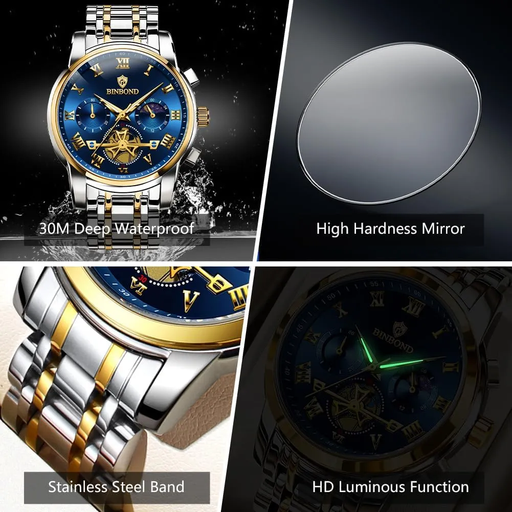 Dress incident Stainless Steel Flywheel Multifunction Moon Phase Men Wrist Watch Waterproof Luminous Mens Watches Chronograph Luxury Business 
