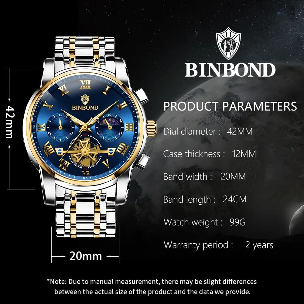 Dress incident Stainless Steel Flywheel Multifunction Moon Phase Men Wrist Watch Waterproof Luminous Mens Watches Chronograph Luxury Business 