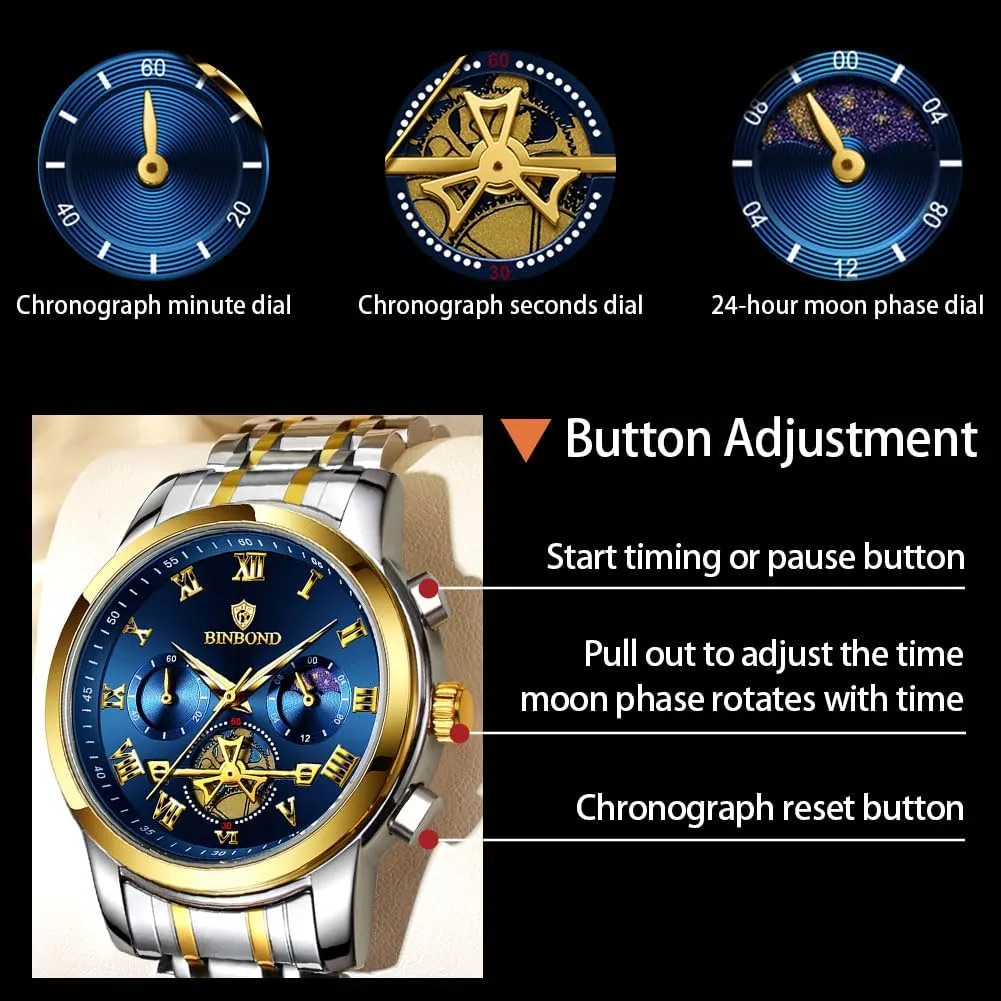 Dress incident Stainless Steel Flywheel Multifunction Moon Phase Men Wrist Watch Waterproof Luminous Mens Watches Chronograph Luxury Business 