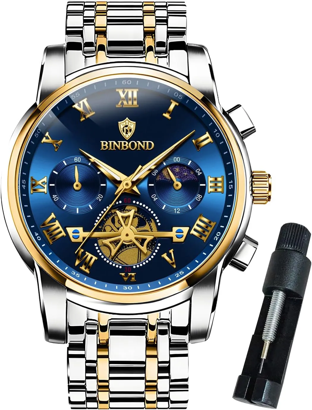 Dress incident Stainless Steel Flywheel Multifunction Moon Phase Men Wrist Watch Waterproof Luminous Mens Watches Chronograph Luxury Business 