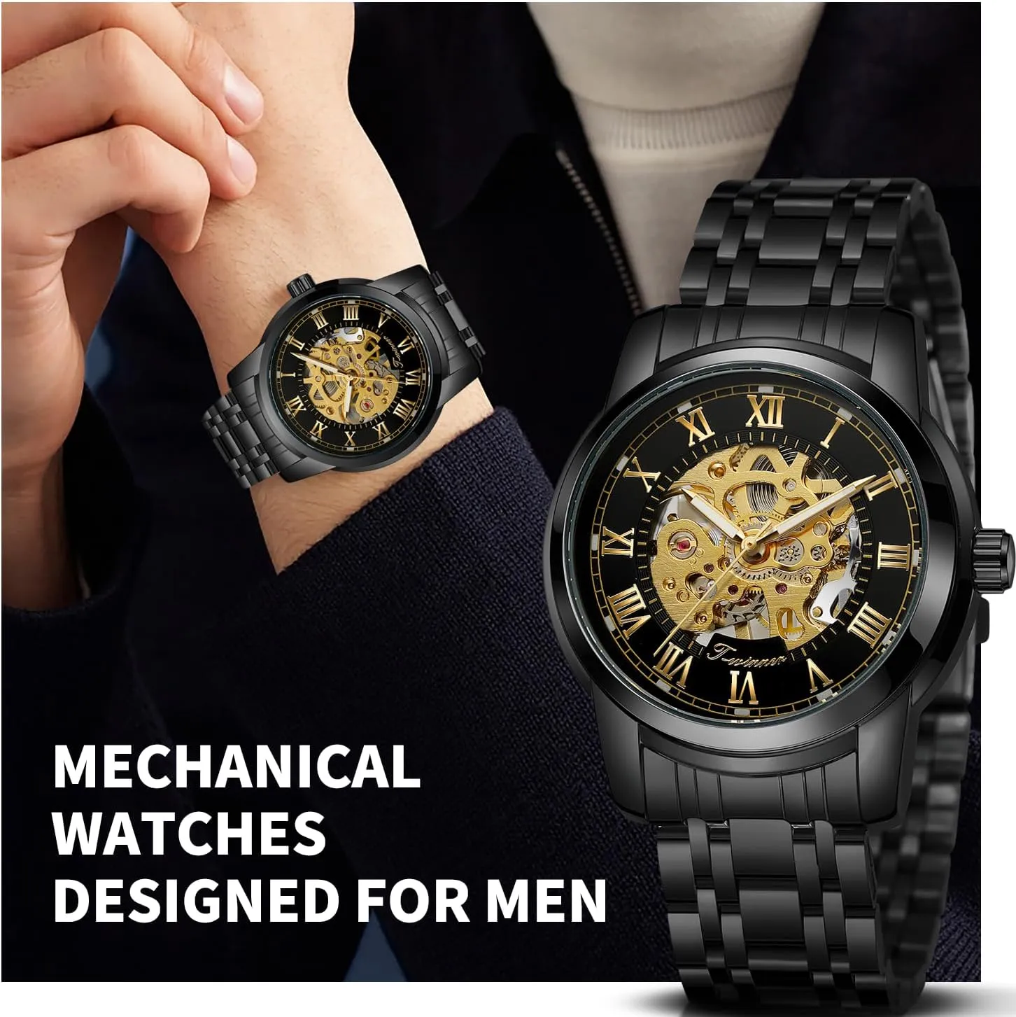 Dress Stainless Steel Man Watch Gute Mens Watches, Mechanical Skeleton Watches for Men with Luxury Big Face Waterproof Mens Wristwatch philology precise Analog 