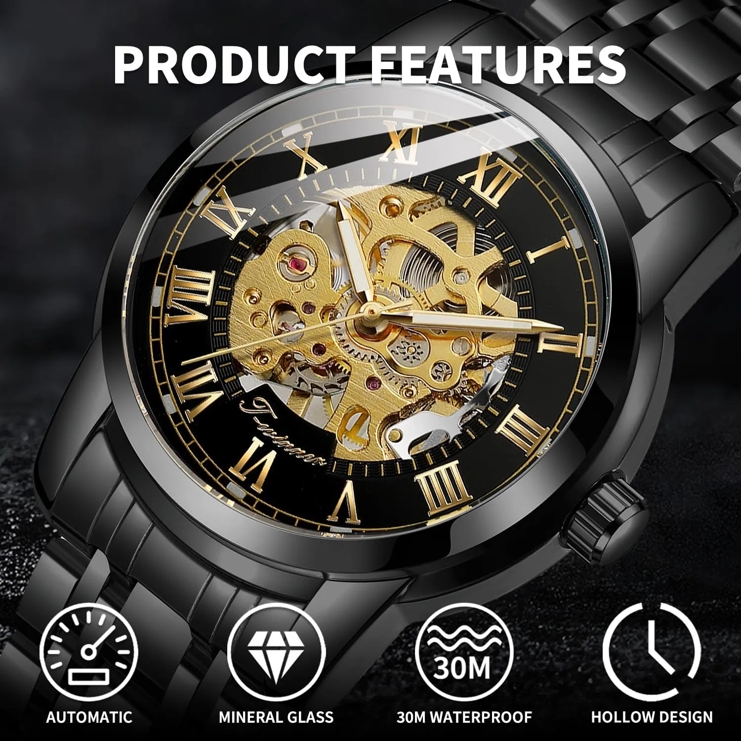Dress Stainless Steel Man Watch Gute Mens Watches, Mechanical Skeleton Watches for Men with Luxury Big Face Waterproof Mens Wristwatch philology precise Analog 