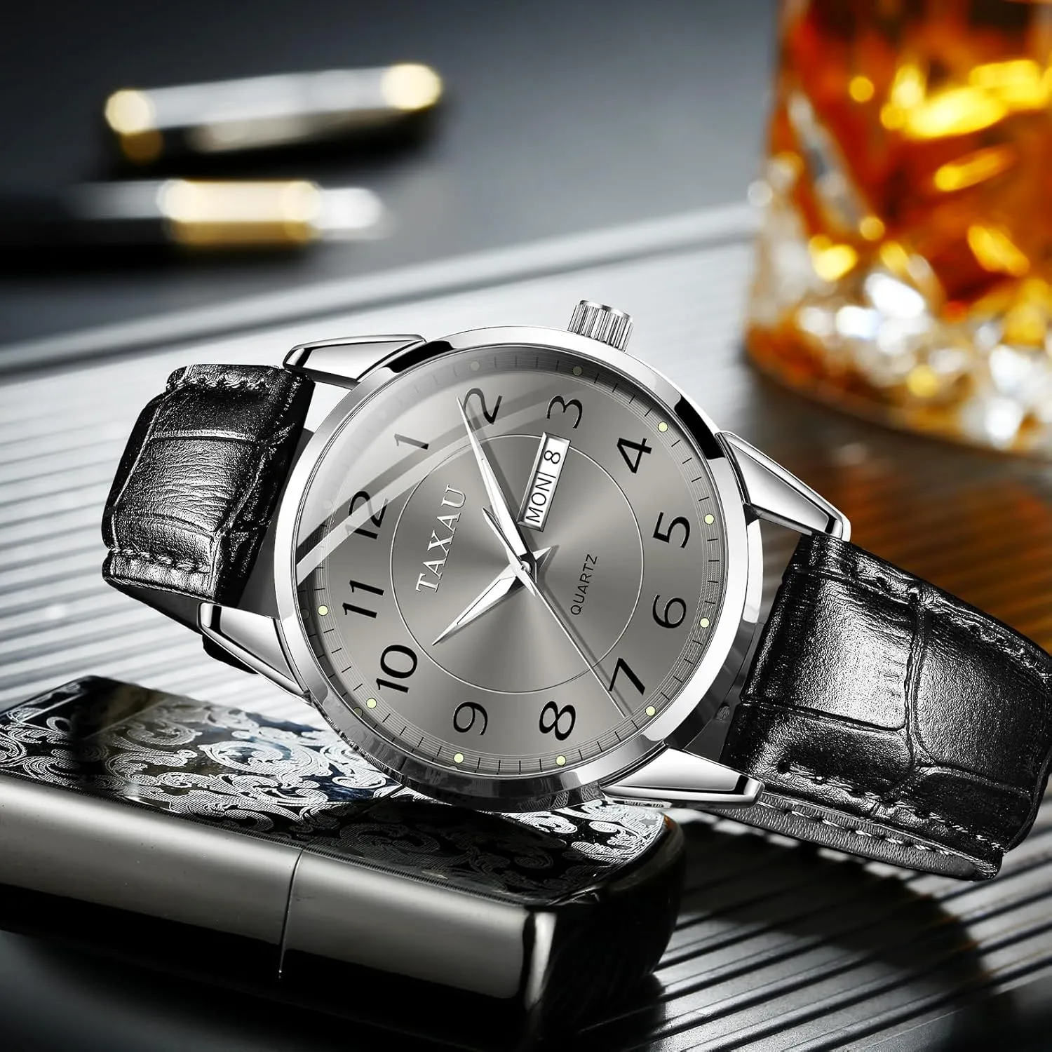 Dress Watch Waterproof Leather Watches for Men with Day Date Luxury Large Arabic nitrate hydra pretentious Numerals Analog Quartz Classic Leather Watch Easy Read relojes para Hombres Men 