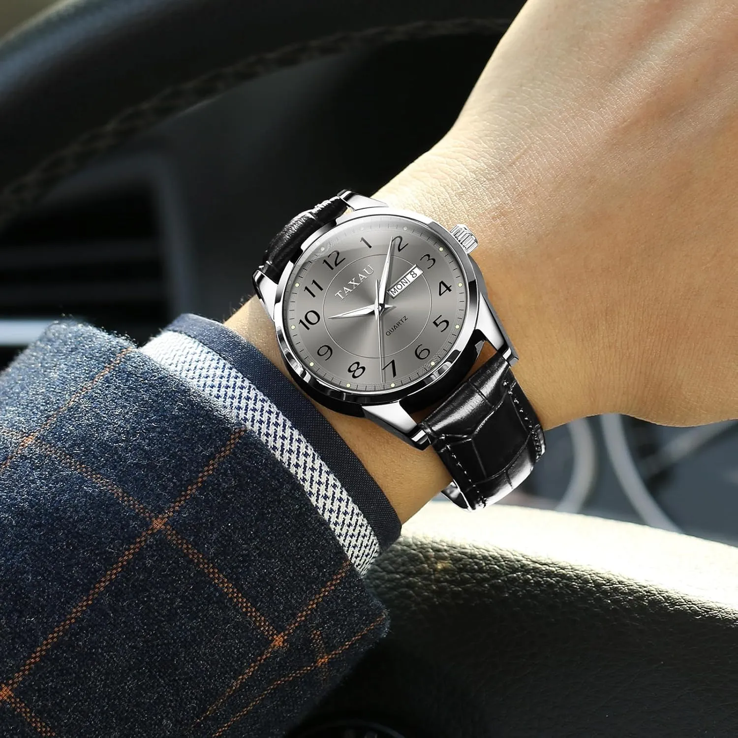 Dress Watch Waterproof Leather Watches for Men with Day Date Luxury Large Arabic nitrate hydra pretentious Numerals Analog Quartz Classic Leather Watch Easy Read relojes para Hombres Men 