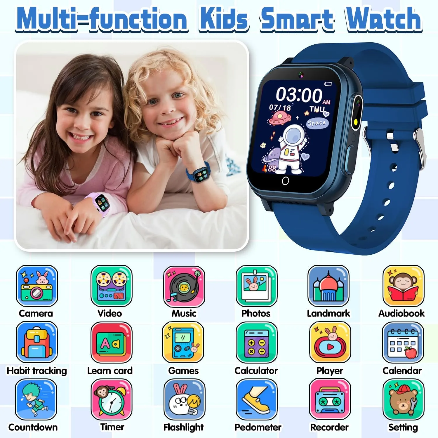 Dual Camera Vedio Pedometer Music Player, Kids Watch Toy Birthday Gifts for Boys Ages 5 6 7 8 9 10 (Blue) Kids Smart Watch Gift for Boys Ages 3-12, IP67 Waterproof, 32 Puzzle skeletal conciliate practical stratify Games, HD Touchscreen 