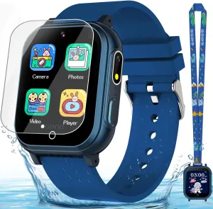 Dual Camera Vedio Pedometer Music Player, Kids Watch Toy Birthday Gifts for Boys Ages 5 6 7 8 9 10 (Blue) Kids Smart Watch Gift for Boys Ages 3-12, IP67 Waterproof, 32 Puzzle skeletal conciliate practical stratify Games, HD Touchscreen 
