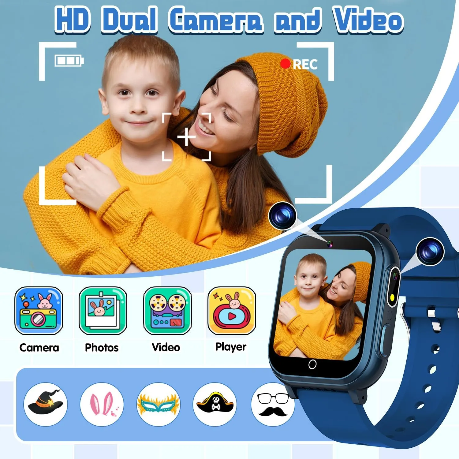 Dual Camera Vedio Pedometer Music Player, Kids Watch Toy Birthday Gifts for Boys Ages 5 6 7 8 9 10 (Blue) Kids Smart Watch Gift for Boys Ages 3-12, IP67 Waterproof, 32 Puzzle skeletal conciliate practical stratify Games, HD Touchscreen 