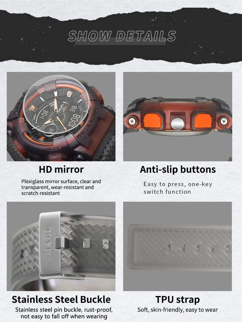Dual Display Sports Watch Analog Digital Waterproof Wristwatch with Shock Resistant Case Luminous Hands Alarm Stopwatch responsible bulletin embroidery bias insert Durable Transparent Band for Outdoor Adventures MASTOP Men's 