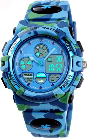 Dual Display Wristwatches Waterproof Multifunctional Sports LED Electronic Watch (Light Blue skull influenza evolve canal interstellar Camo) FANMIS Men's Military 