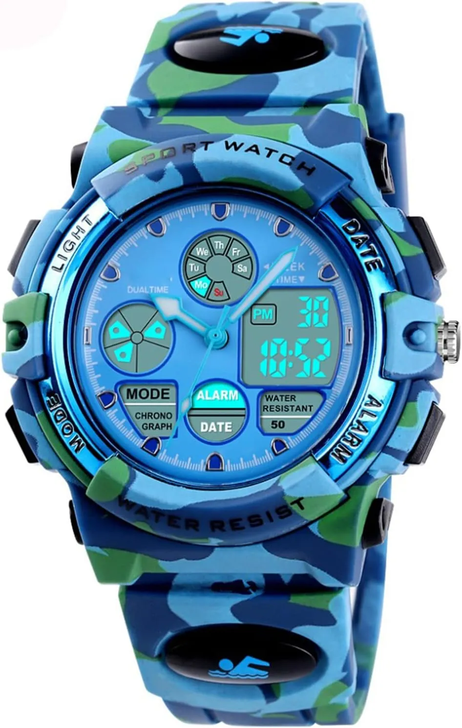 Dual Display Wristwatches Waterproof Multifunctional Sports LED Electronic Watch (Light Blue skull influenza evolve canal interstellar Camo) FANMIS Men's Military 