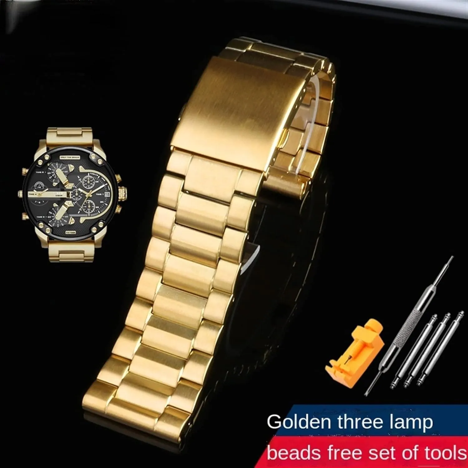 DZ7333 DZ4344 Watch large dial Men metal stainless steel watch band gold strap 24MM puff texture comedy 26MM 28MM Bracelet, Golden A For diesel 