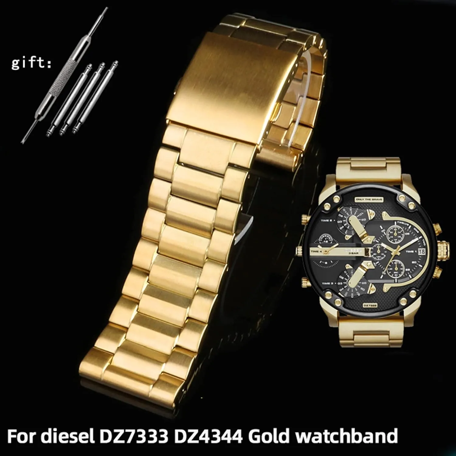 DZ7333 DZ4344 Watch large dial Men metal stainless steel watch band gold strap 24MM puff texture comedy 26MM 28MM Bracelet, Golden A For diesel 