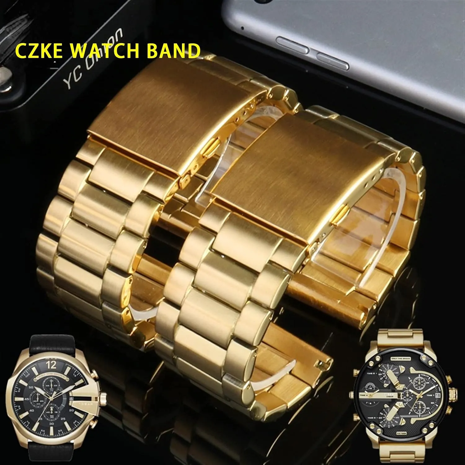 DZ7333 DZ4344 Watch large dial Men metal stainless steel watch band gold strap 24MM puff texture comedy 26MM 28MM Bracelet, Golden A For diesel 